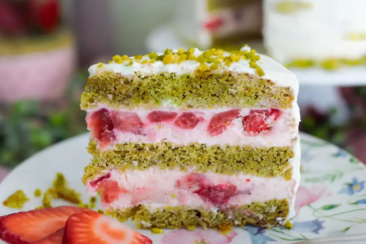 Ein Stück moderne Erdbeertorte mit grünem Biskuit, Erdbeercreme und gehackten Pistazien.