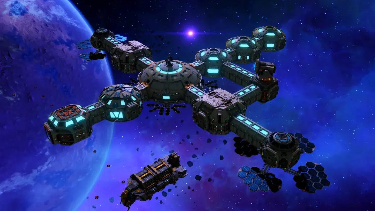 Estación espacial futurista con luces azules brillantes, nave espacial y un planeta púrpura al fondo, evocando el universo de No Man's Sky.