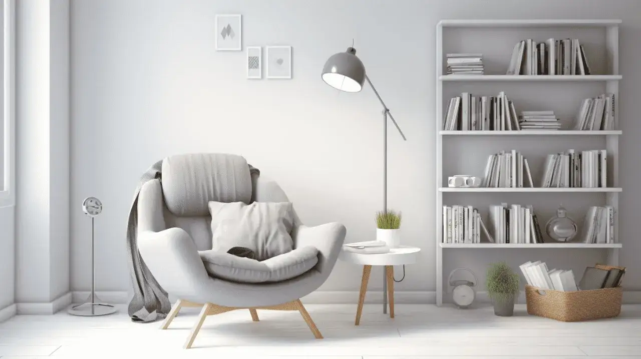 Un sill&oacute;n c&oacute;modo invita a relajarse en este rinc&oacute;n de lectura, con una estanter&iacute;a llena de libros y una l&aacute;mpara lista para iluminar tu pr&oacute;xima aventura literaria.