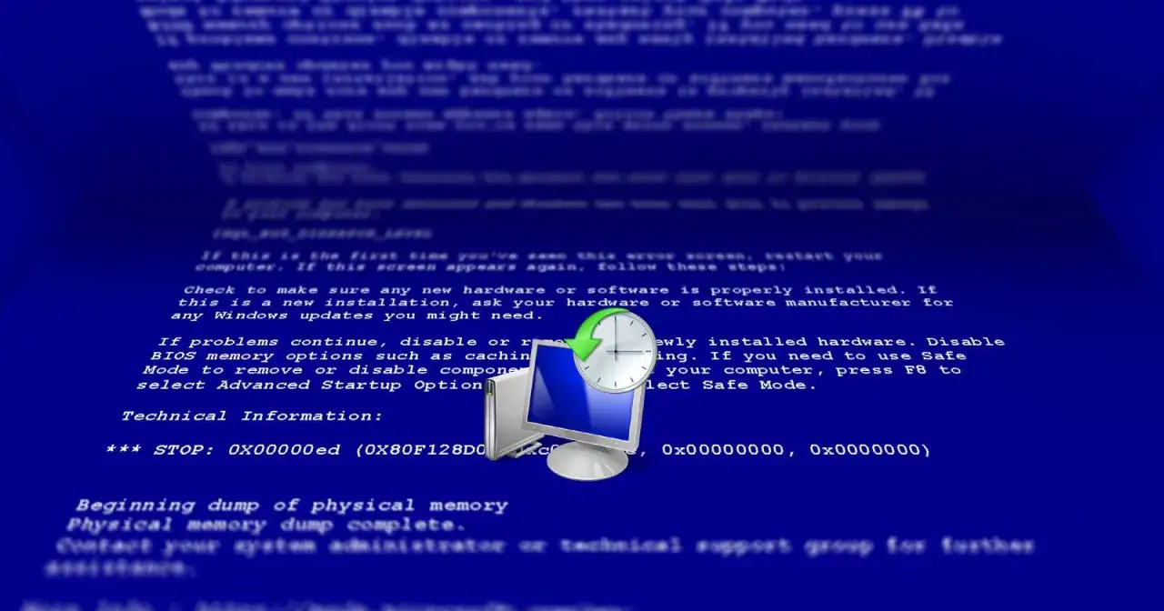 Niebieski ekran śmierci Windows 10 z ikoną komputera i zegarem, sugerujący potrzebę przywracania systemu Windows 10.