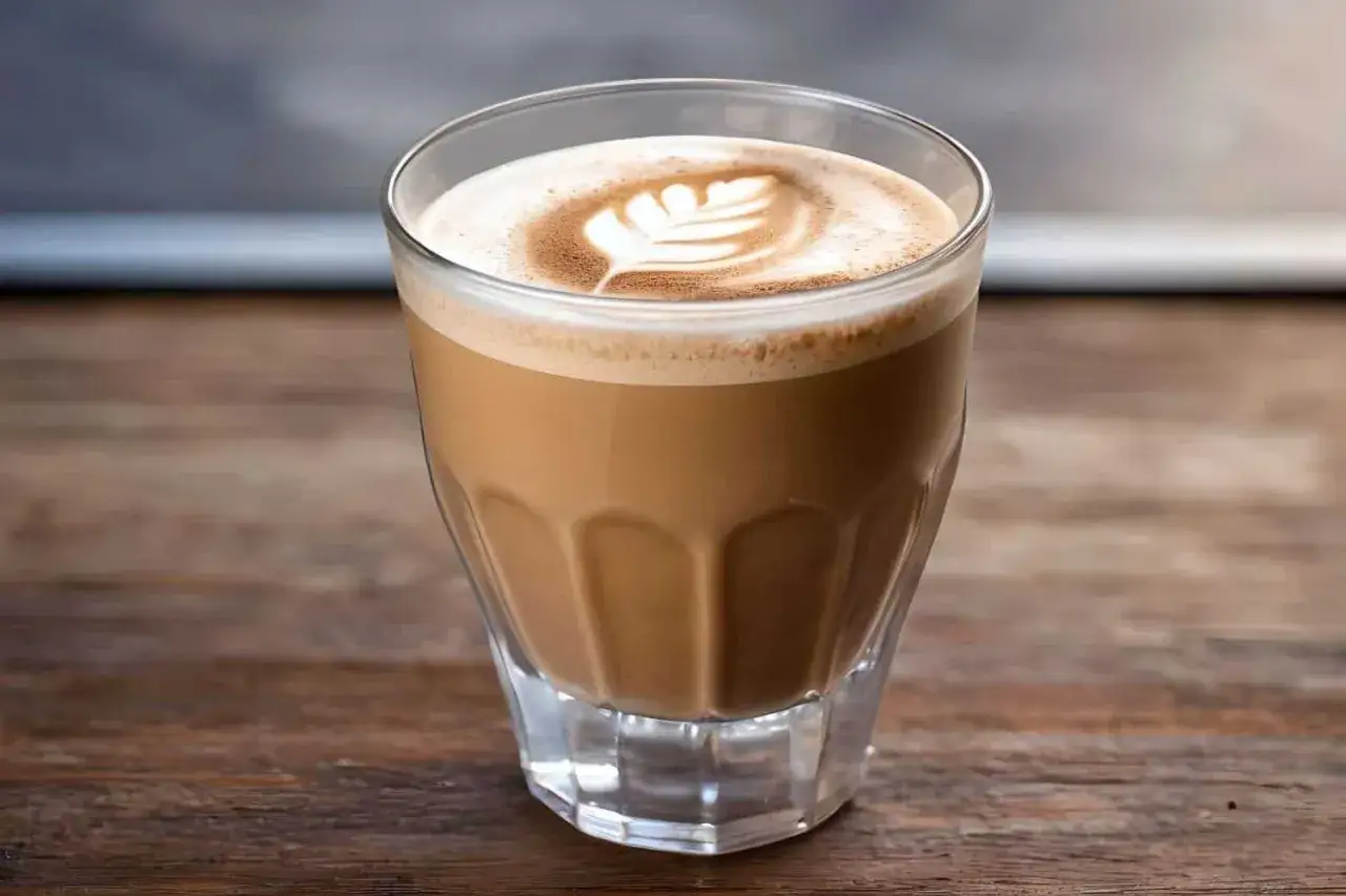 Ein Glas Kaffee con leche mit Milchschaum-Herz auf Holztisch.