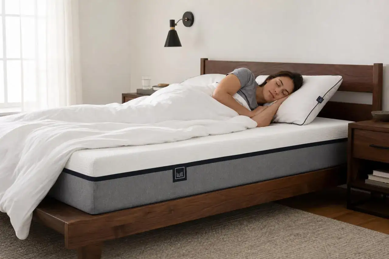 Femme dormant paisiblement sur le c&ocirc;t&eacute;, sur un matelas confortable. Le matelas id&eacute;al pour dormir sur le c&ocirc;t&eacute;, offrant un soutien optimal.