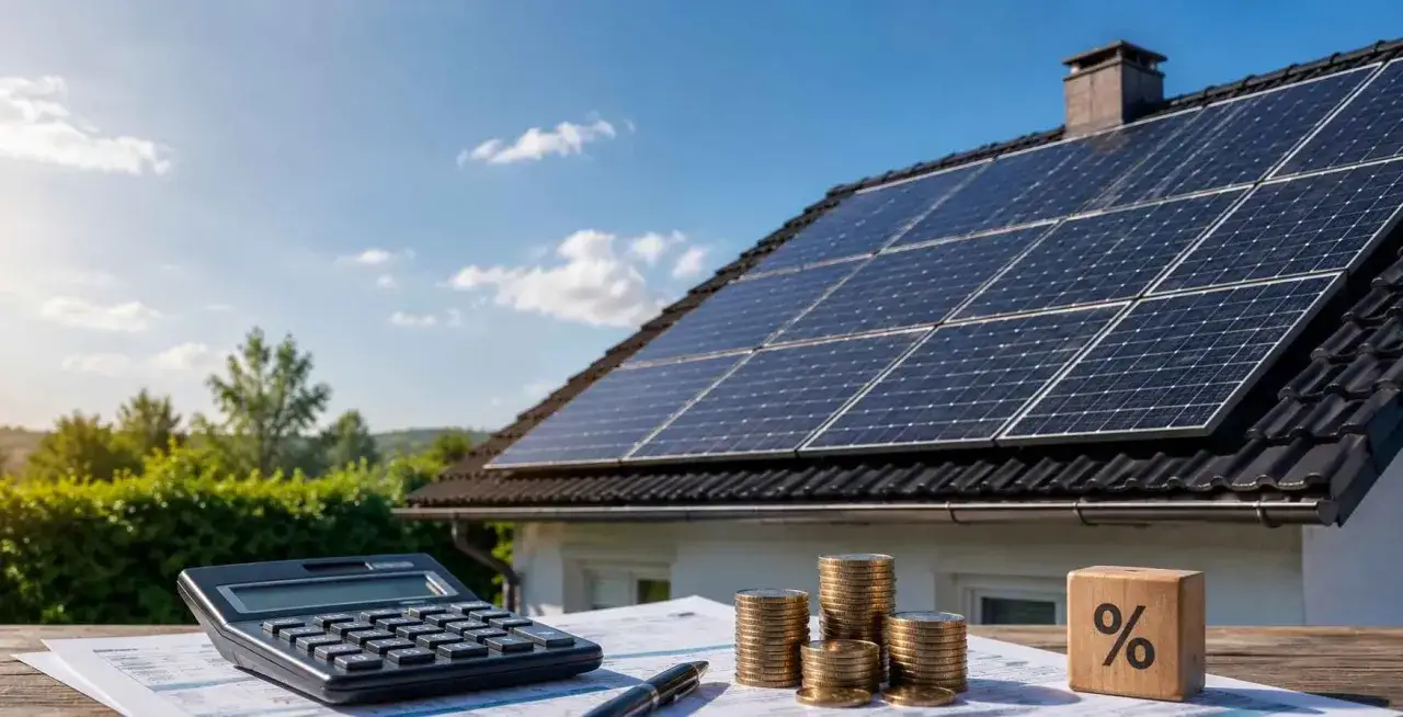 Calculadora, monedas y un bloque con un signo de porcentaje sobre papeles, con placas solares en el tejado. ¿Si pongo placas solares tengo que pagar impuestos?