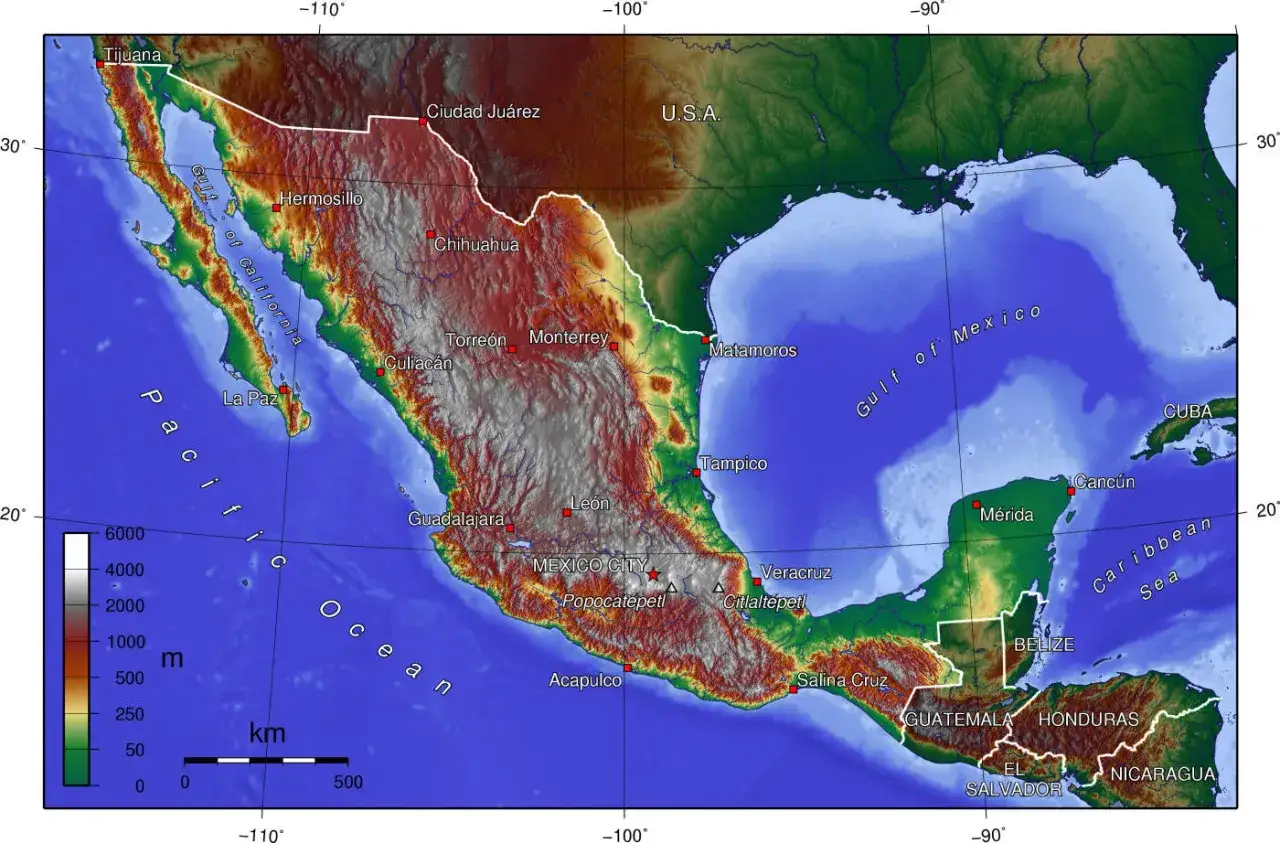 Mapa topograficzna Meksyku z zaznaczonymi największymi miastami, takimi jak Meksyk, Guadalajara, Monterrey i Tijuana.