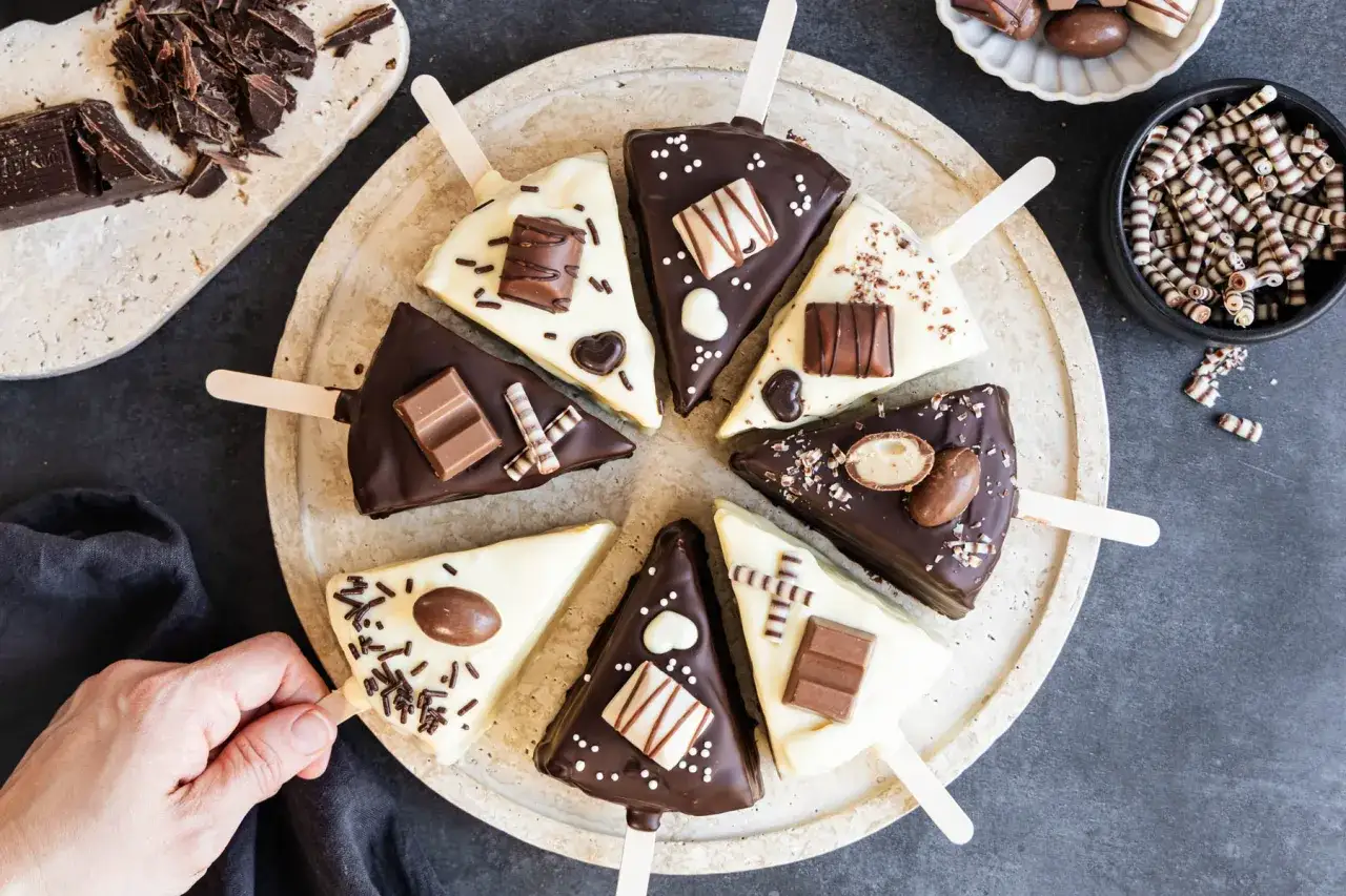 Schokoladige Cheesecake-Sticks, verziert mit Schokoriegeln und Streuseln, auf einem Teller arrangiert.