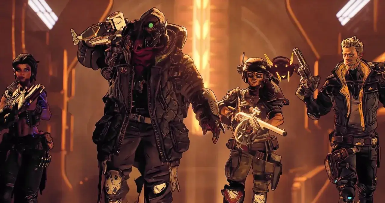 Cuatro personajes de Borderlands 3, cada uno con su estilo único, listos para la acción.