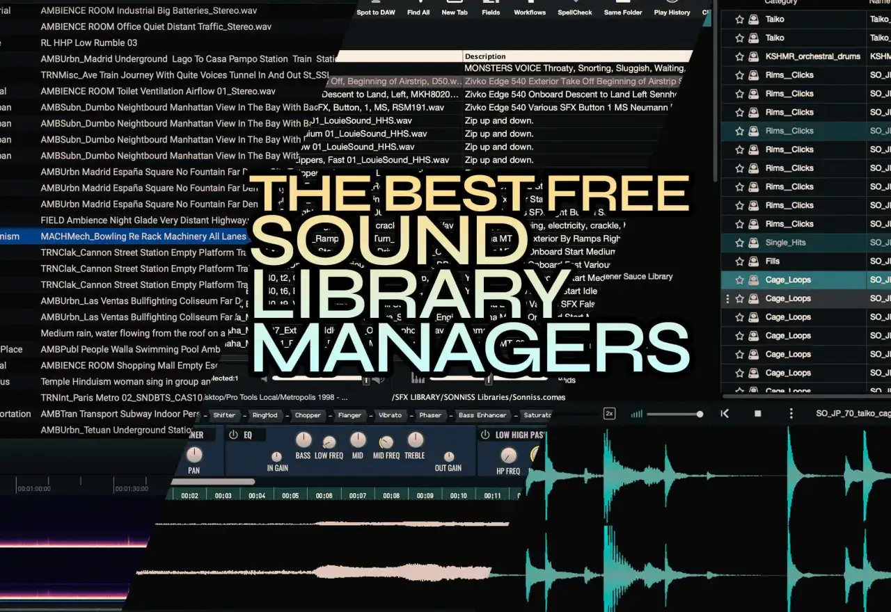 Interfaz de software de audio con lista de audios libres de derechos y ondas sonoras.