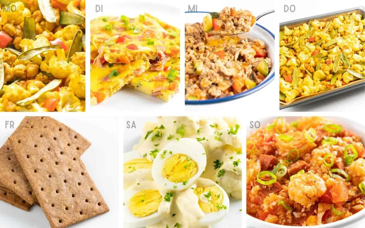 Wöchentlicher low carb meal prep: bunte Gemüsepfanne, Omelett, Hackfleisch-Gemüse-Mix, Ofengemüse, Cracker, Eier mit Sauce und Garnelen-Reis.