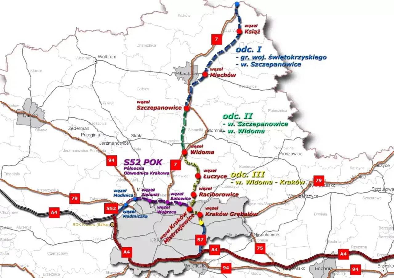 Plan wycieczki 7 dniowe po Polsce: mapa drogowa S52 P&oacute;łnocna Obwodnica Krakowa i odcinki S7.