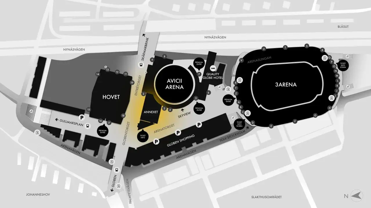 Karta över Avicii Arena, Hovet, Annexet och 3Arena i Stockholm. Visar entréer, hotell och shopping.