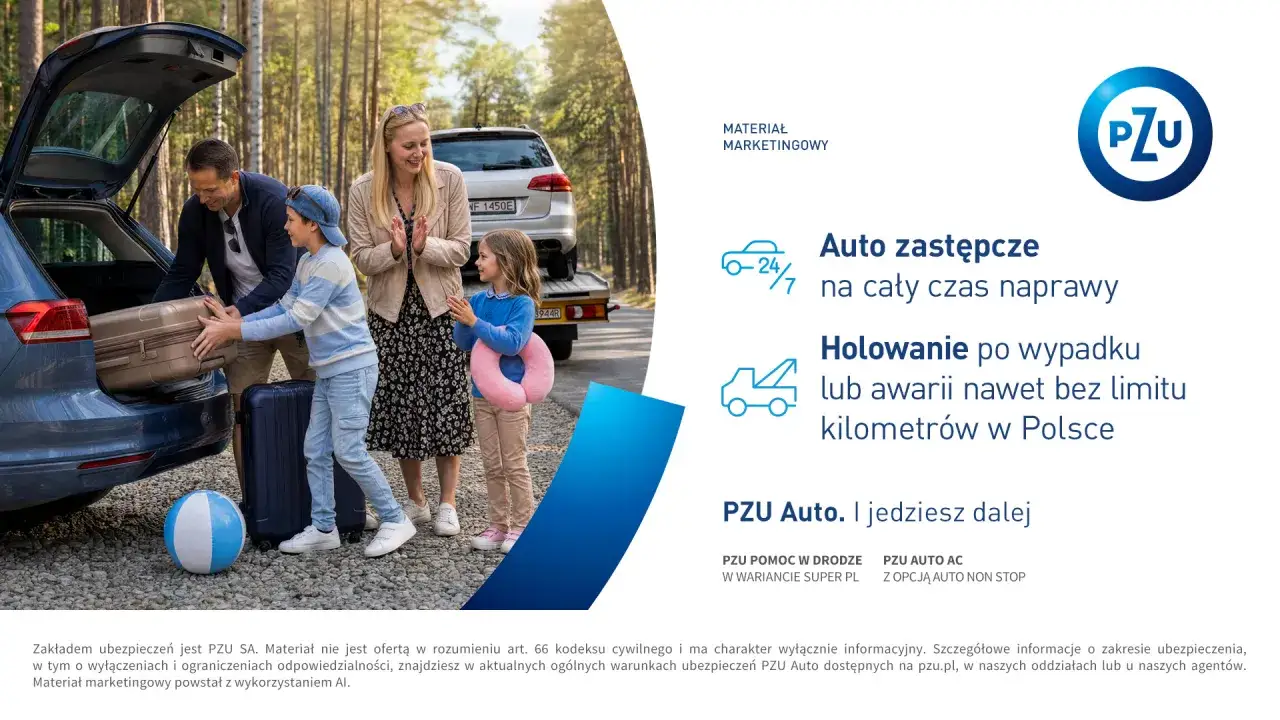 Rodzina pakuje bagaże do samochodu, gotowa na wyjazd. PZU Assistance zapewnia spokój na drodze.