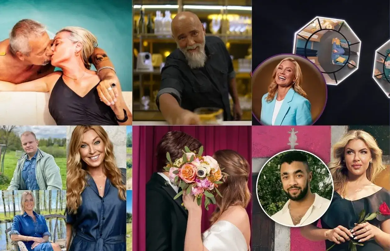 Collage med scener från svenska realityserier: par som kysser varandra, en man med skägg, en kvinna i blå kavaj, ett brudpar och flera porträtt.