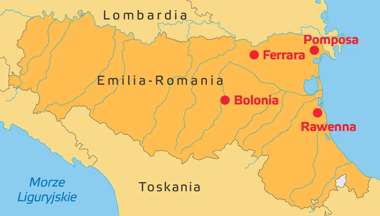 Mapa regionu Emilia-Romania z zaznaczonymi miastami: Bolonia, Ferrara, Pompósa i Rawenna.