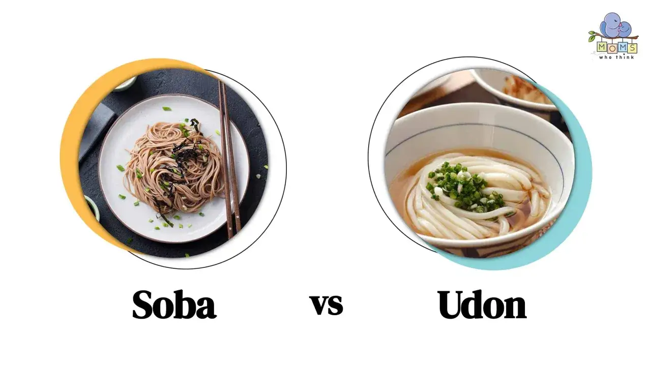 Soba-Nudeln auf einem Teller mit St&auml;bchen und Udon-Nudeln in einer Sch&uuml;ssel mit Fr&uuml;hlingszwiebeln. Ein Vergleich von Soba vs. Udon.