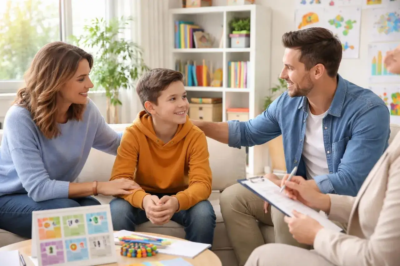 Familia en sesión de terapia conductual para niños con TDAH. El niño sonríe mientras sus padres y un terapeuta discuten su progreso.