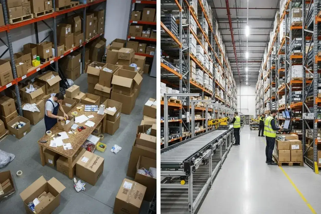 Magazyn z produktami, pracownik pakuje zamówienia, taśma produkcyjna i pracownicy obsługujący **usługi e-commerce**.