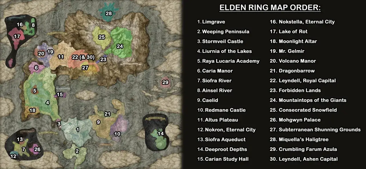 Mapa de Elden Ring con áreas numeradas y lista de ubicaciones, una guía esencial para los Sinluz.