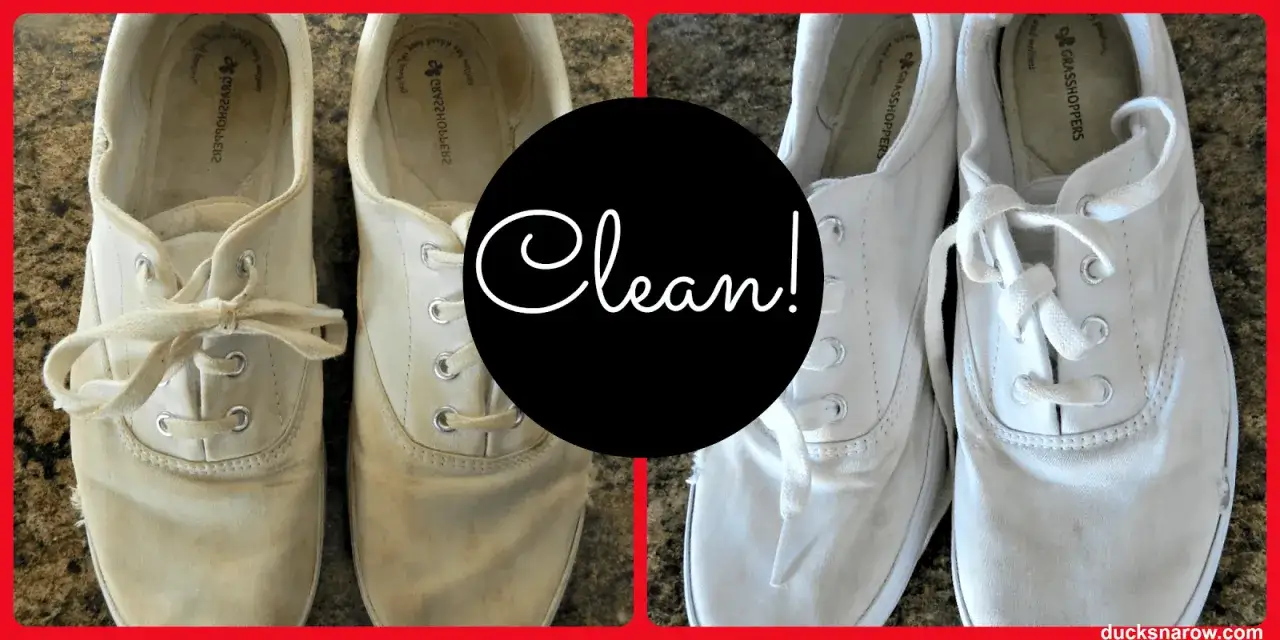 Avant/après : des baskets blanches en tissu sales transformées en chaussures impeccables.