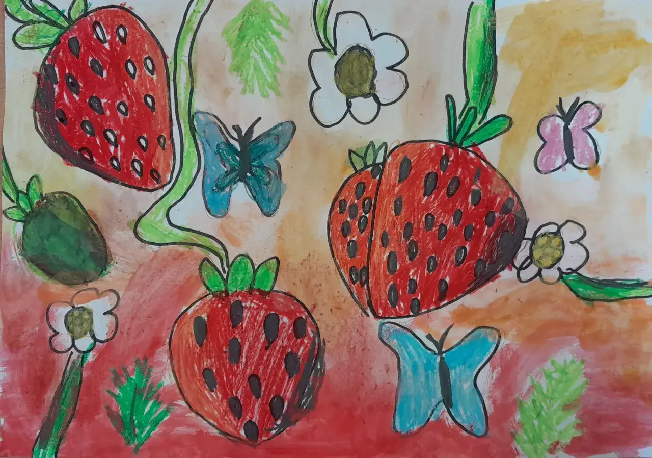 Kolorowe rysunki pastelami dla początkujących: truskawki, motyle i kwiaty.