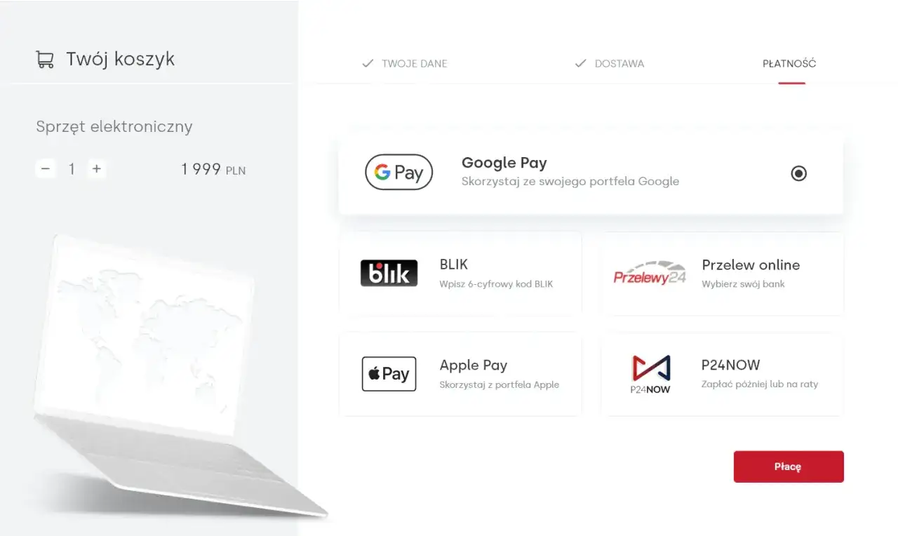 Wybierz płatność: Google Pay, BLIK, Apple Pay lub przelew online. Szybko i bezpiecznie zapłacisz za sprzęt elektroniczny.