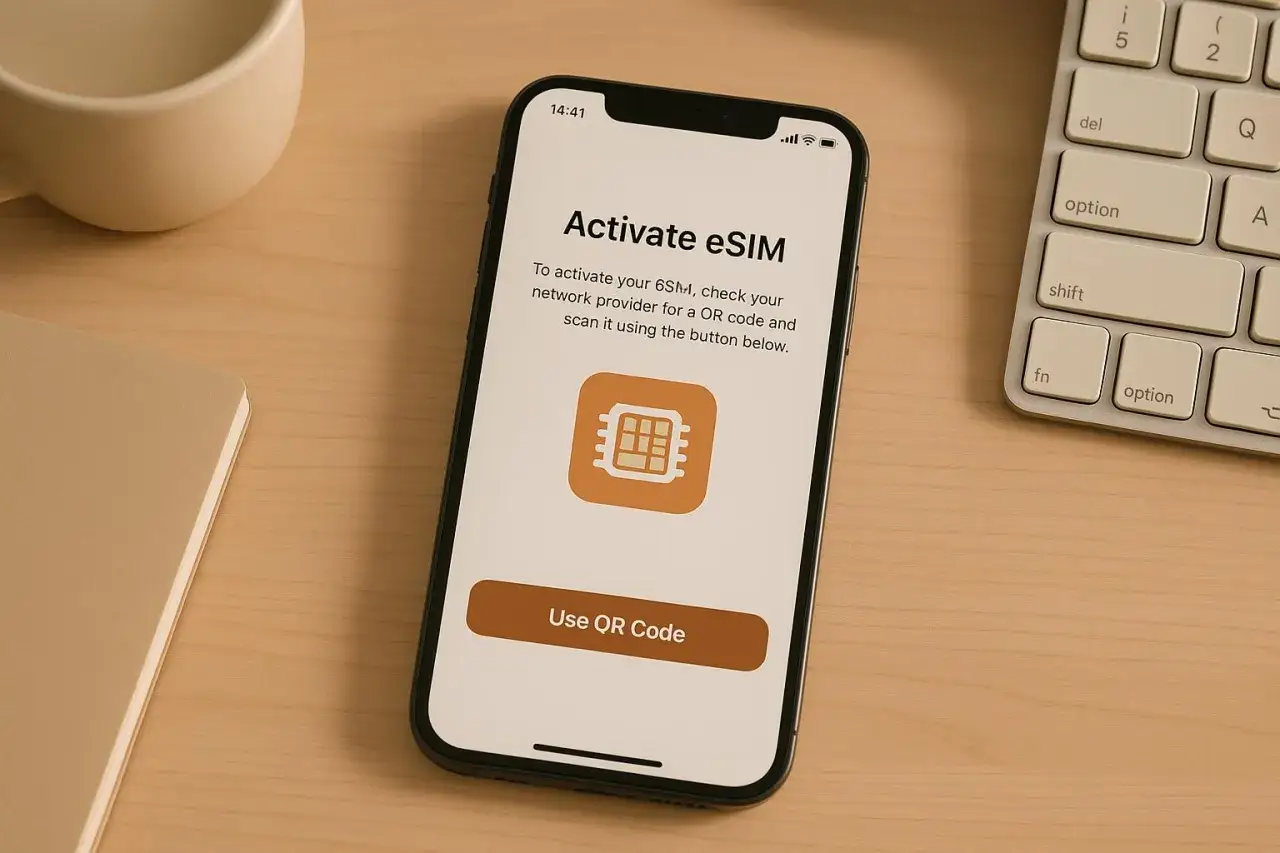 iPhone-sk&auml;rm visar aktivering av eSIM. En knapp f&ouml;r att anv&auml;nda QR-kod syns.