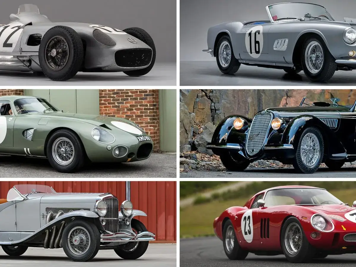 Sechs klassische Rennwagen, darunter ein Mercedes-Benz 300 SLR, der als das teuerste Auto der Welt gilt.