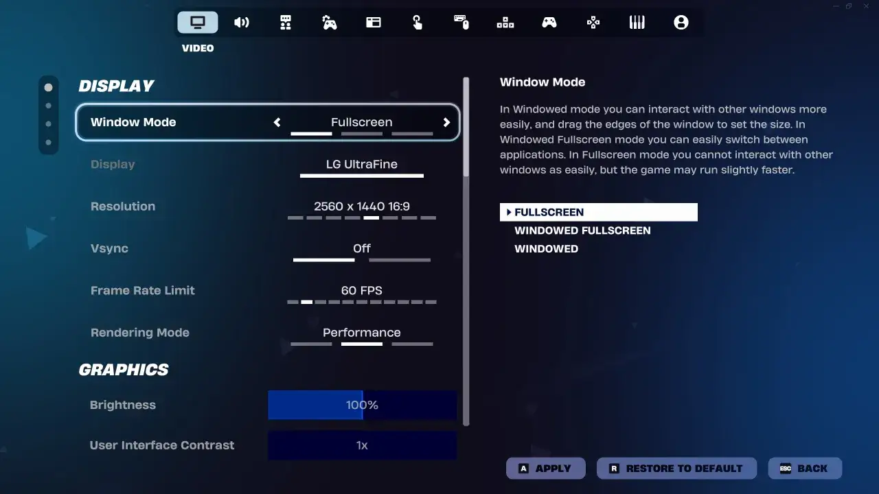 Ustawienia grafiki gry, w tym tryb okna i rozdzielczość. Zastanawiasz się, ile waży Fortnite? To ustawienie nie odpowie na to pytanie.