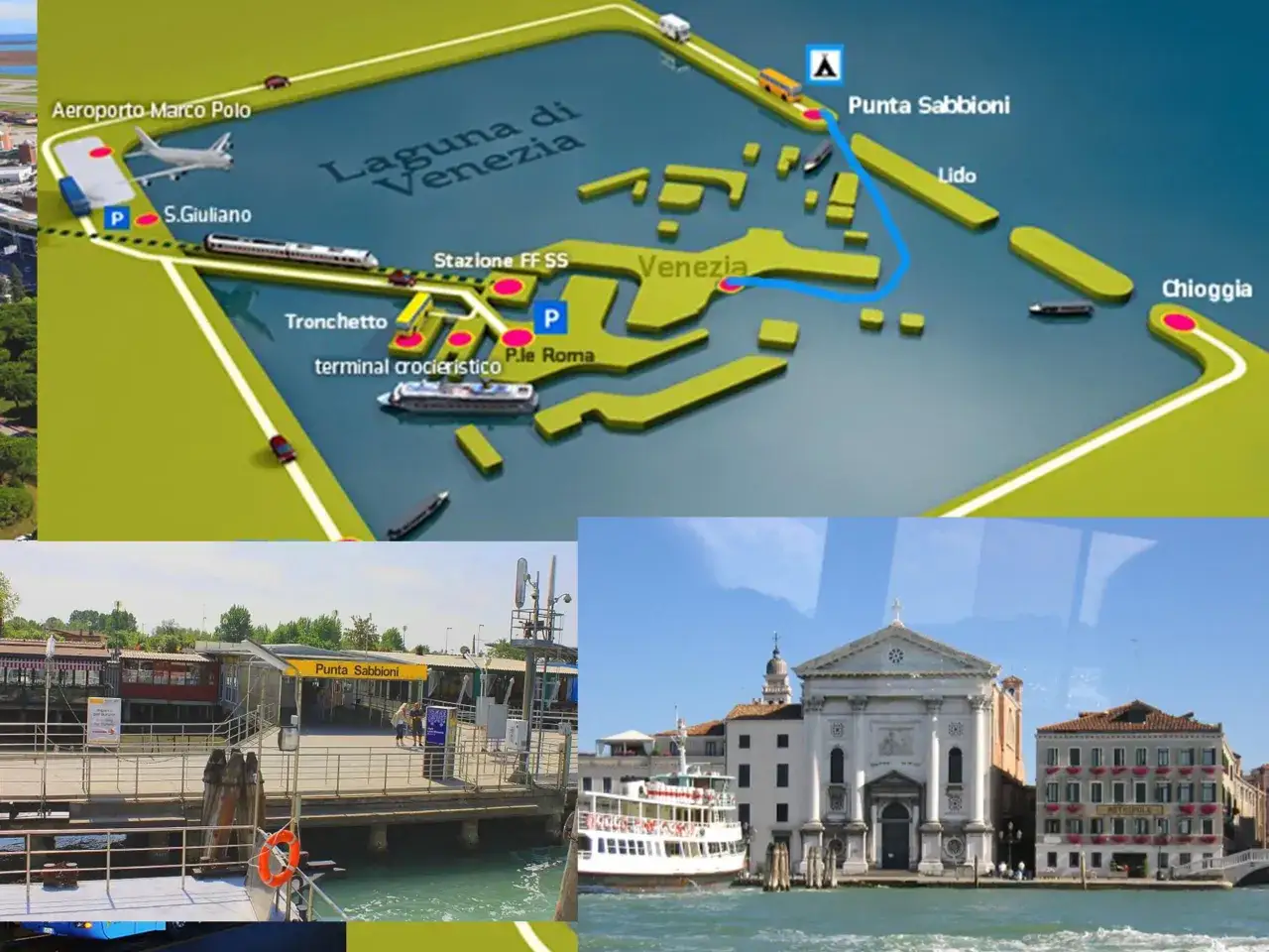 Mapa komunikacji między Wenecją a Punta Sabbioni, pokazująca lotnisko, dworzec kolejowy i terminal.