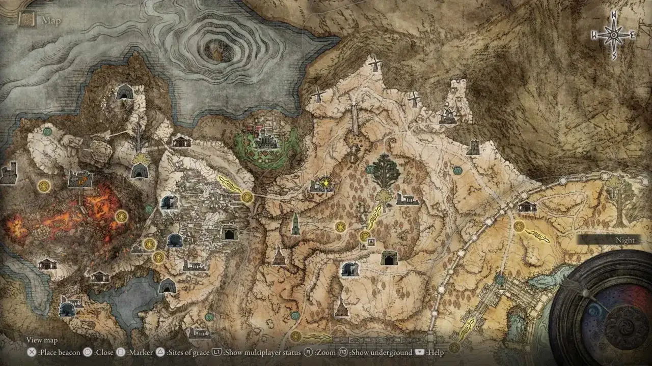 Mapa Elden Ring z zaznaczonymi miejscami, w tym pałacem Mohgwyn.