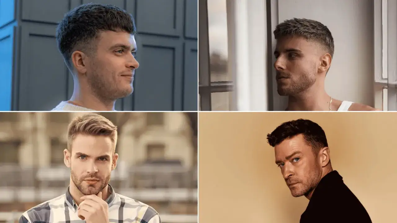 Quatre hommes aux styles variés, tous arborant une coupe homme court moderne et soignée.