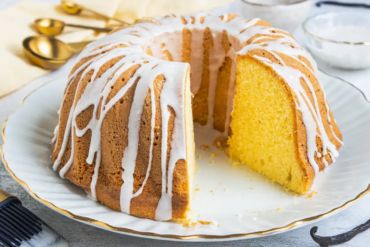 Ein saftiger Gugelhupf, verziert mit wei&szlig;er Glasur, der an einen k&ouml;stlichen **Puddingpulver Kuchen** erinnert.