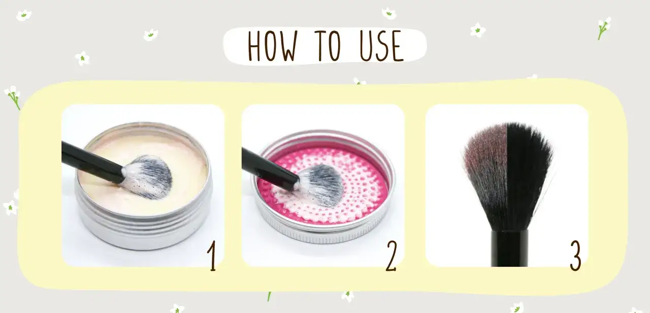 Pasos para saber como limpiar brochas de maquillaje: sumergir en crema, enjuagar con agua rosa y cepillo limpio.