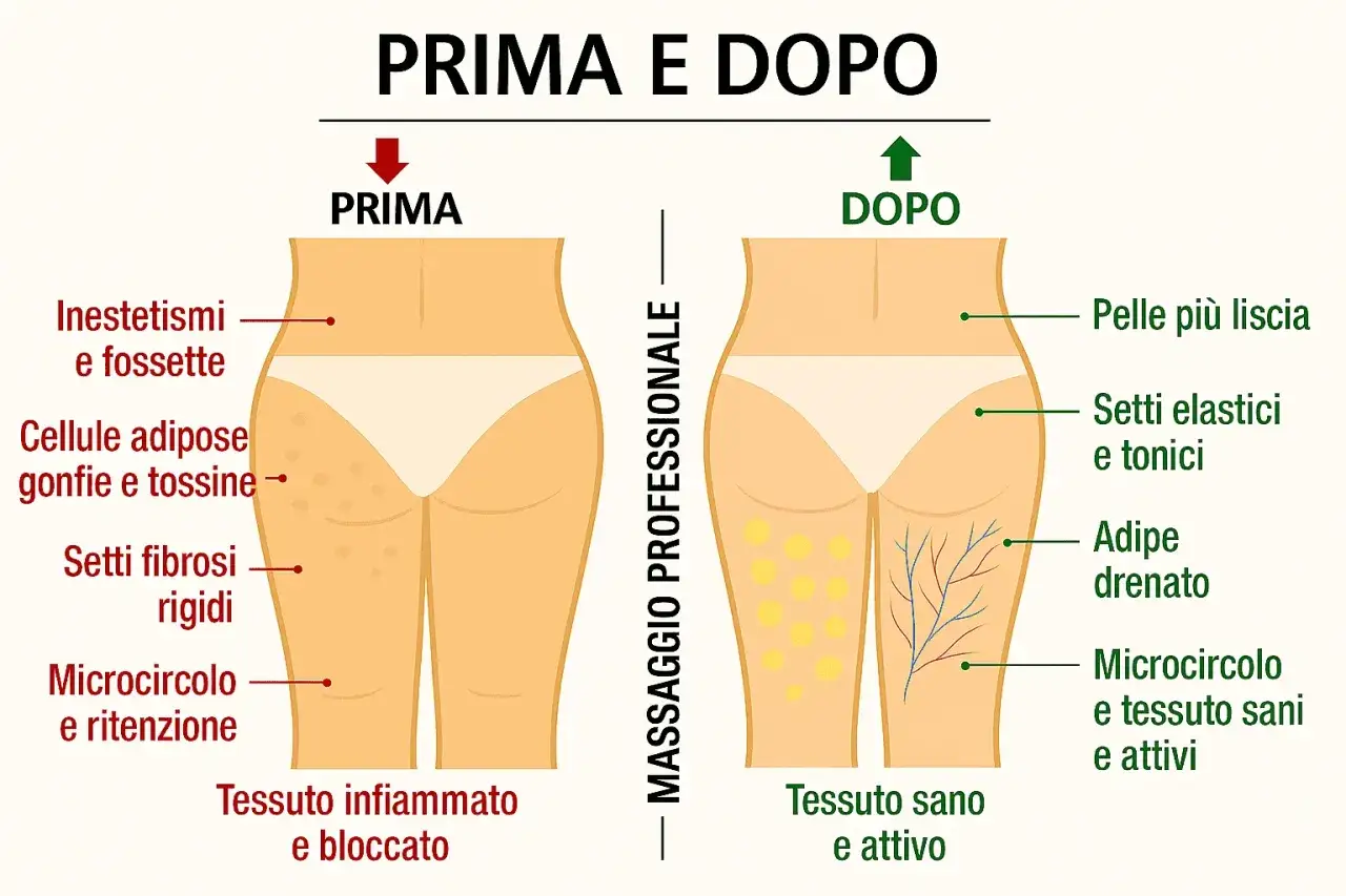 Prima e dopo un massaggio anticellulite doloroso: pelle con inestetismi e tessuto bloccato diventa liscia, elastica e drenata.