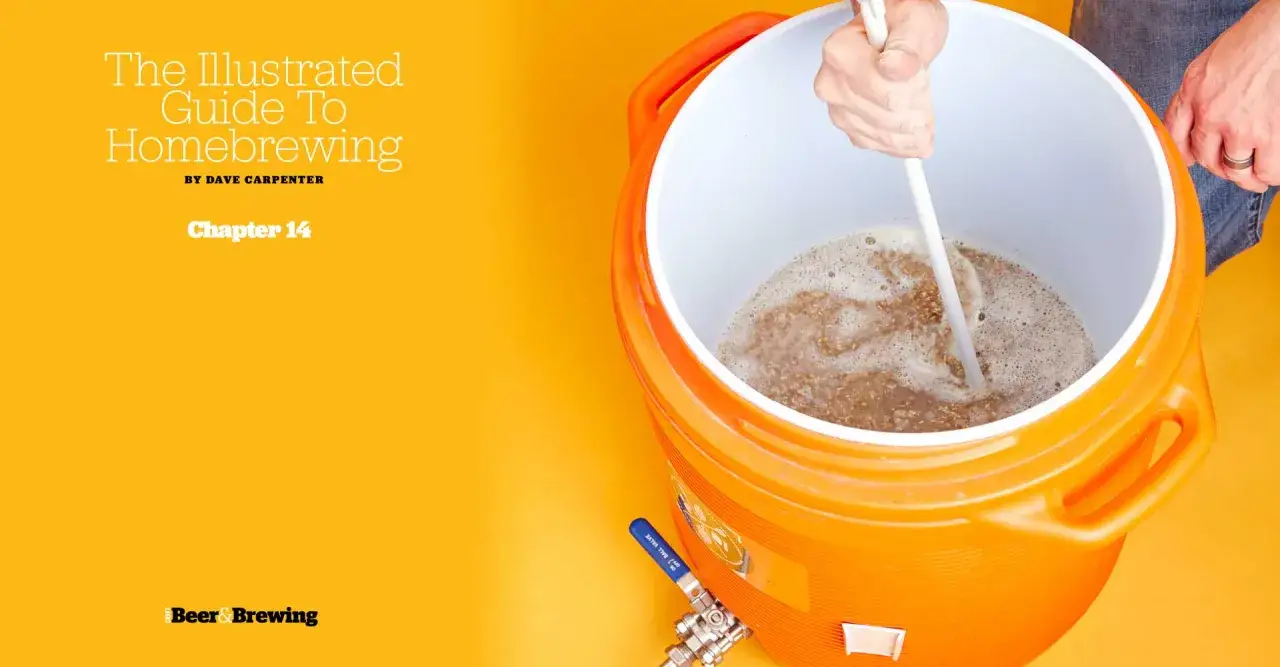 M&eacute;lange de grains pour l'empatage bi&egrave;re dans un grand r&eacute;cipient orange. Le titre 