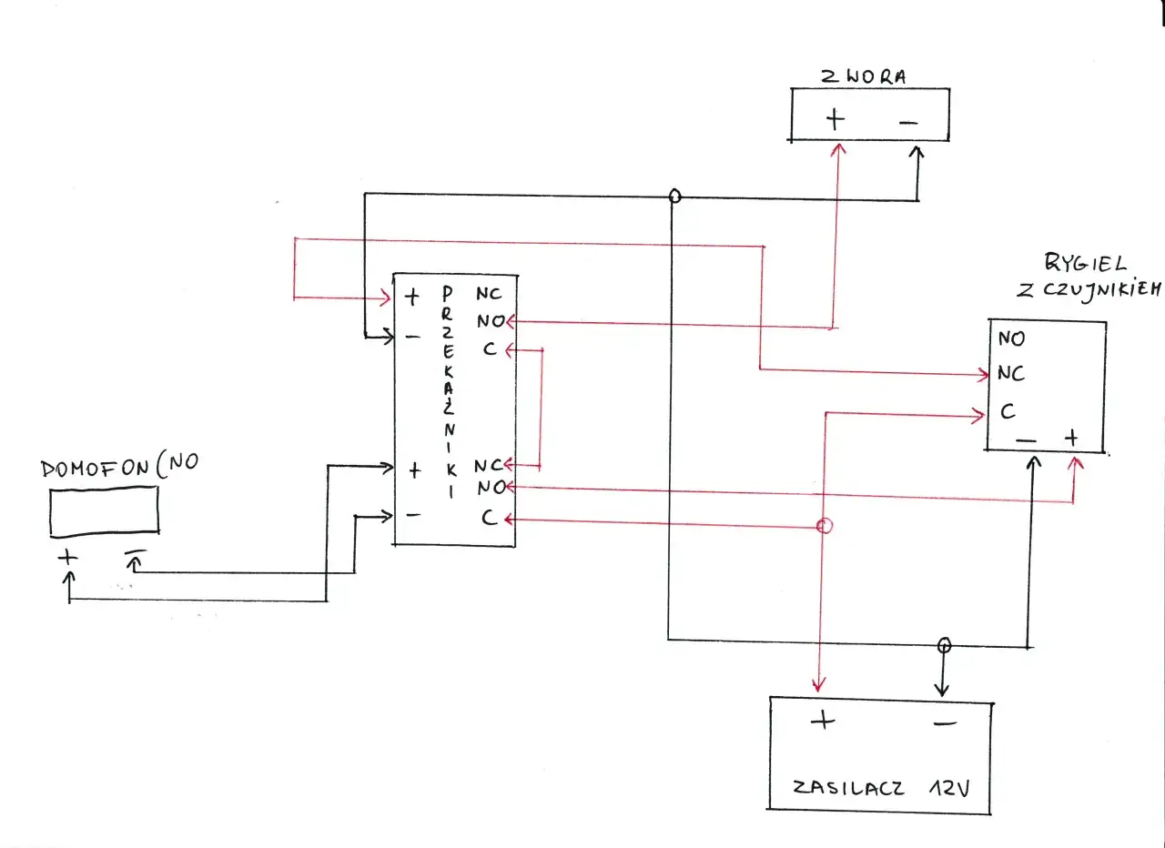 Schemat połączeń dla elektrozamka z domofonem, rygle z czujnikiem i zasilaczem 12V.