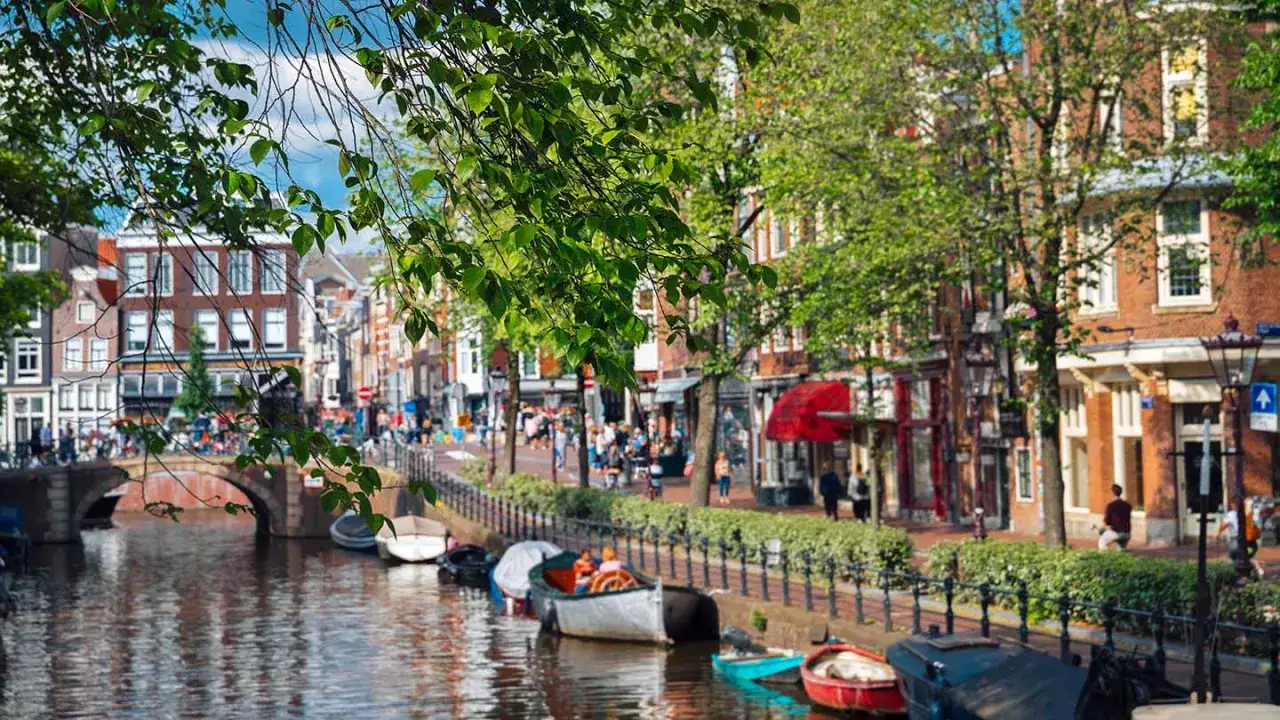 En kanal i Amsterdam med båtar och träd. En vacker vy som visar vad man får inte missa i Amsterdam.