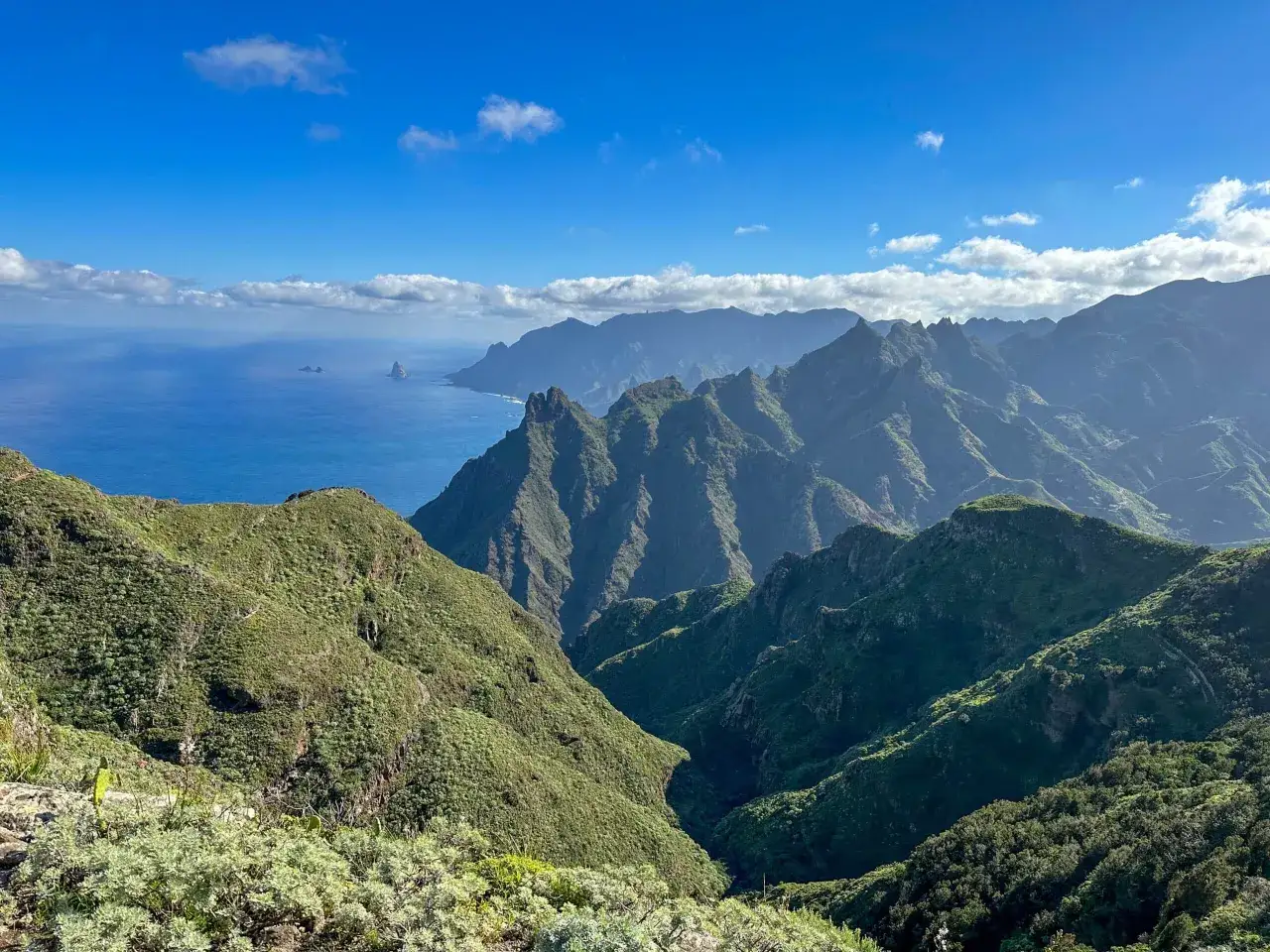 Majestuosas montañas verdes se despliegan hacia el océano azul, con el icónico Roque de Teno emergiendo en la distancia.