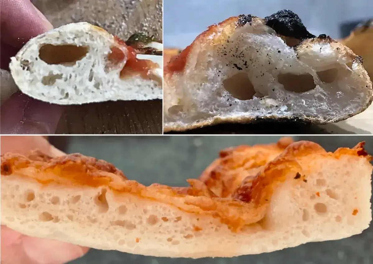 Drei Ansichten von Pizzar&auml;ndern mit gro&szlig;en Luftblasen, die an einen 