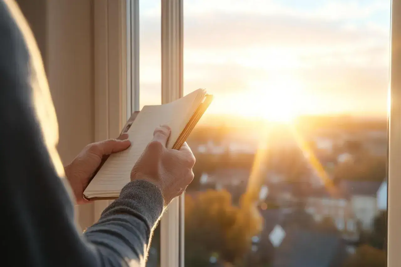 Man holding a notebook, bathed in golden sunset light, reflecting on sabias inteligente frases de reflexion.