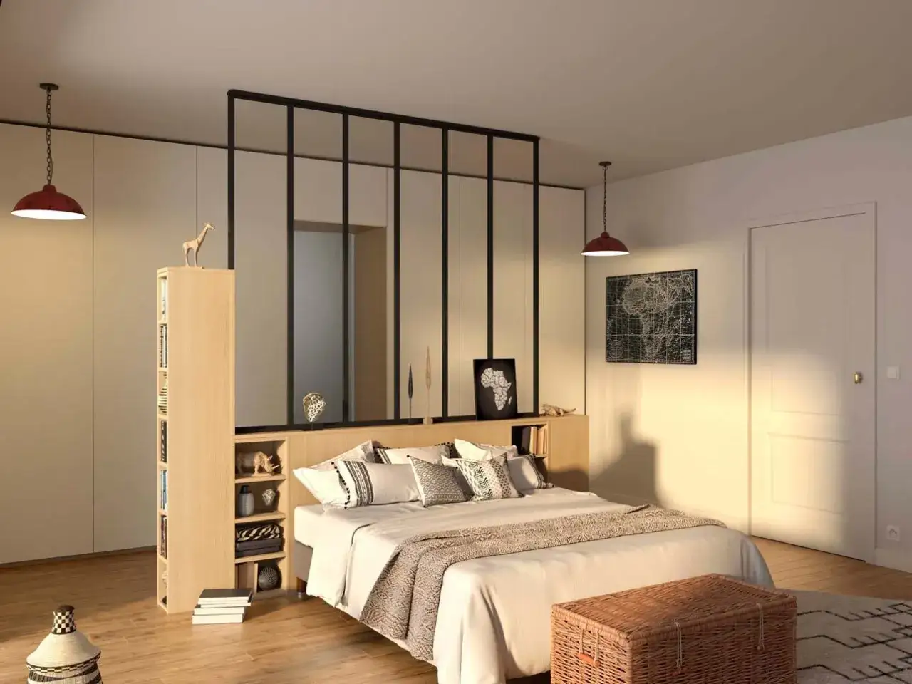 Une chambre moderne avec une verrière, un lit douillet et une bibliothèque intégrée. Une belle idée dressing chambre pour optimiser l'espace.