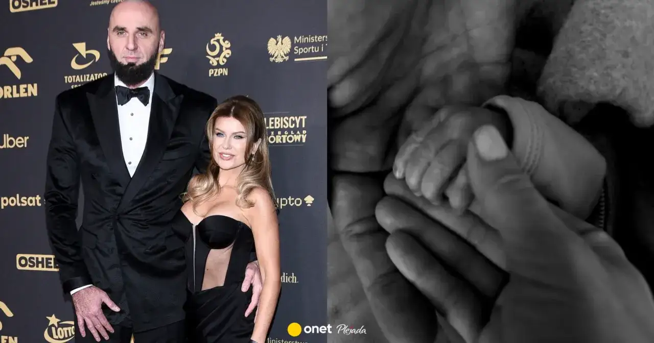 Marcin Gortat z żoną na gali, a obok czuły gest rodzicielstwa – dłonie trzymające maleńką rączkę dziecka.