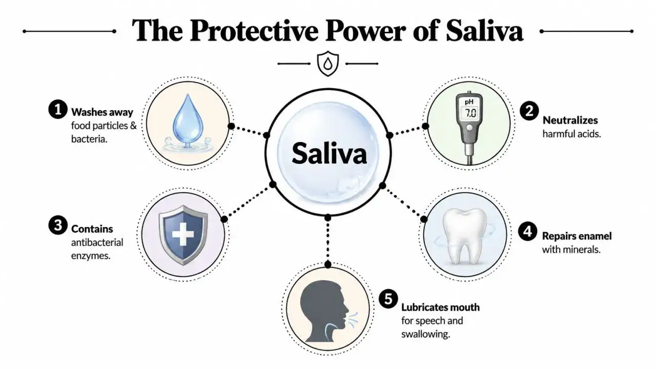La saliva è disinfettante: lava via batteri, neutralizza acidi, ripara lo smalto e contiene enzimi antibatterici. Aiuta anche a parlare e deglutire.