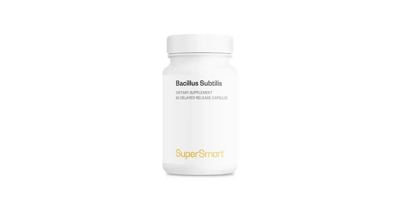 Flasche mit Bacillus Subtilis Kapseln. Die Wirkung dieses Probiotikums wird oft im Darm erforscht.