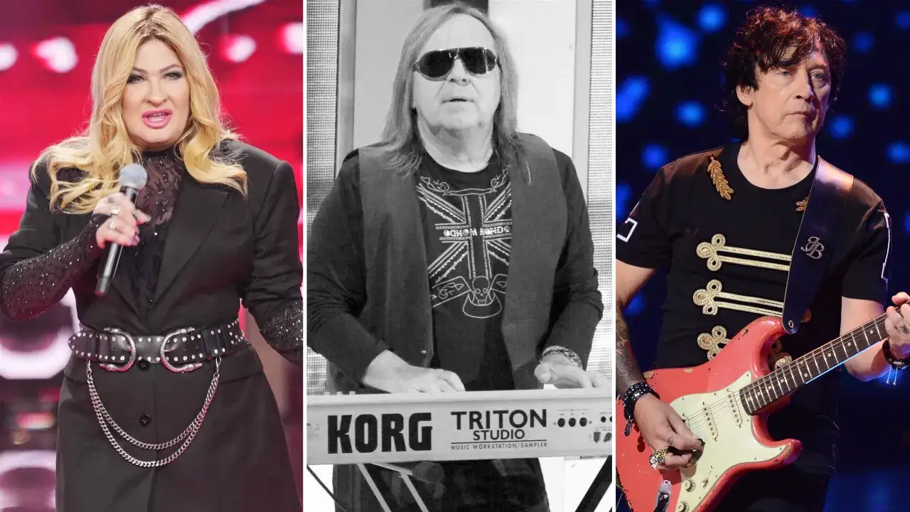Trzy ikony polskiej muzyki: wokalistka z mikrofonem, klawiszowiec w okularach i gitarzysta z czerwoną gitarą. Tantiemy na scenie.