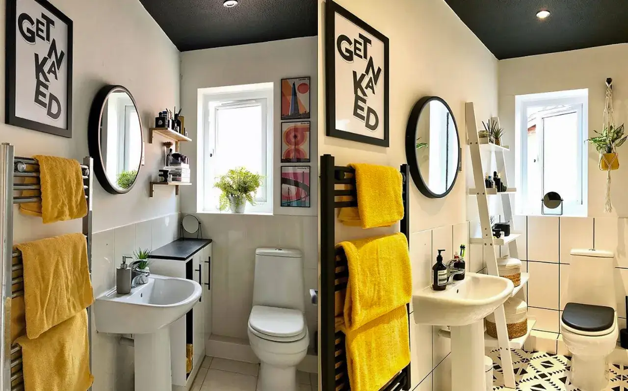 Salle de bain moderne avec carrelage blanc, serviettes jaunes vives et un tableau 