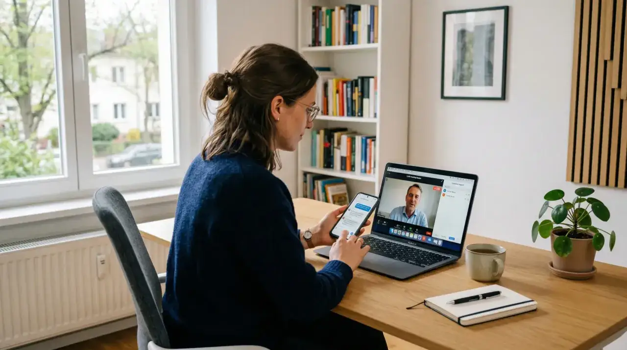 Frau im Homeoffice per Videoanruf mit Lehrer. Sie lernt, wie schreibt man eine Beurteilung Schule.