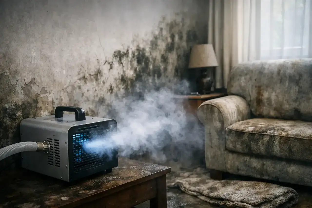 Urządzenie emituje mgiełkę, która jest tym, co zabija zapach stęchlizny. W tle widać zniszczoną ścianę i meble.