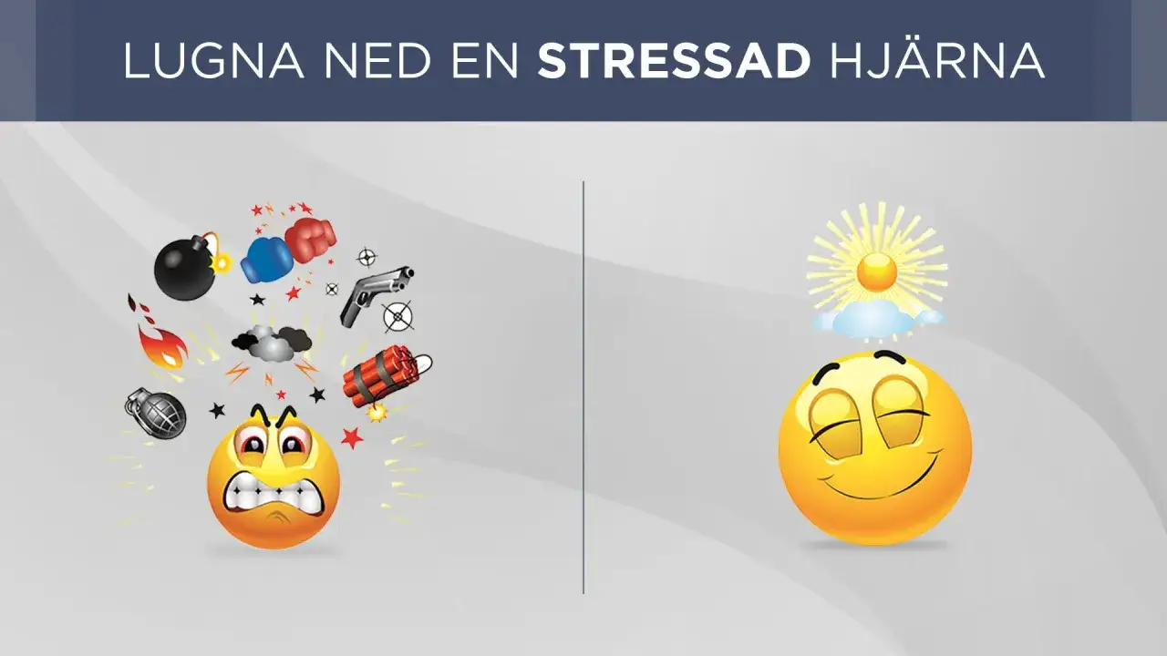 En arg smiley omgiven av bomber och vapen, kontrasterar mot en lugn smiley under en solig himmel. Bilden illustrerar hur man kan lugna ner &aring;ngest tankar.