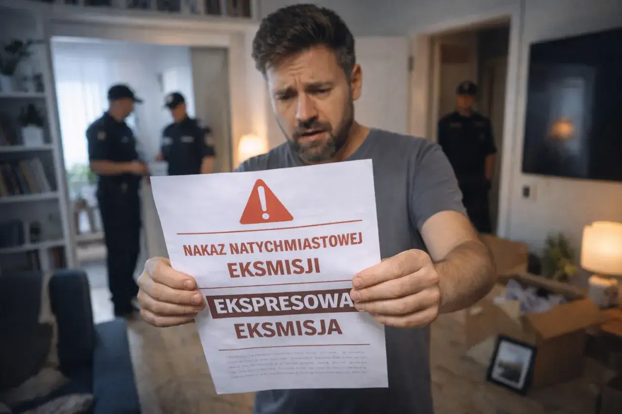 Zrozpaczony mężczyzna trzyma nakaz natychmiastowej eksmisji. W tle widać funkcjonariuszy, co sugeruje, jak wyruzcic kogos z domu.