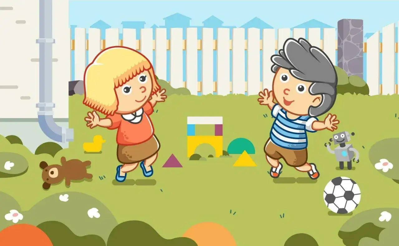 Niños jugando en el jardín con pelotas, un robot y bloques de construcción. ¡Diversión garantizada con estos juegos con pelotas para niños!
